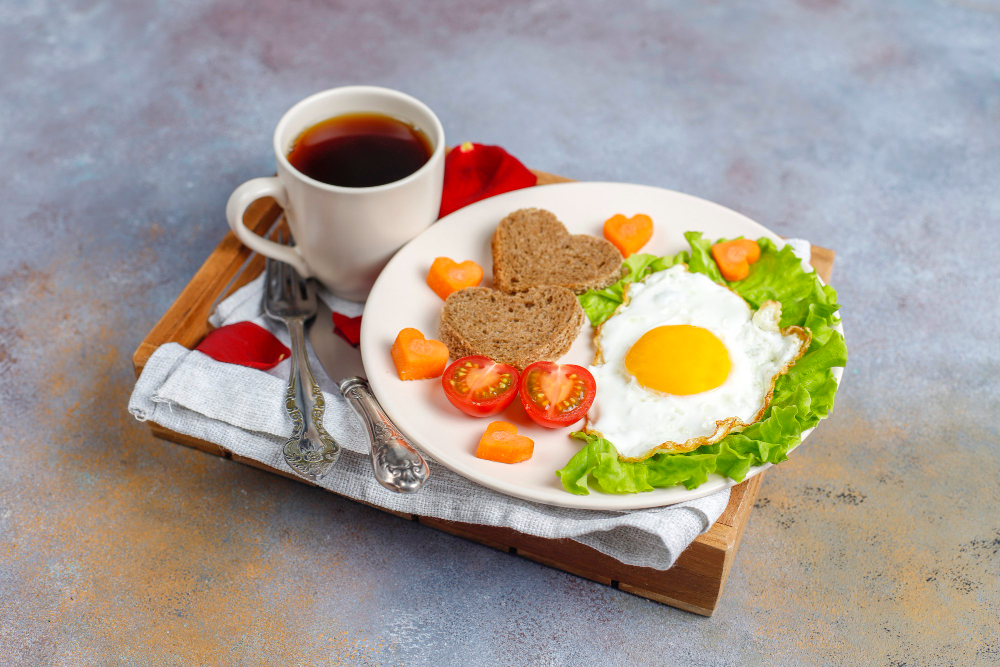 breakfast with half boiled egg and black coffee