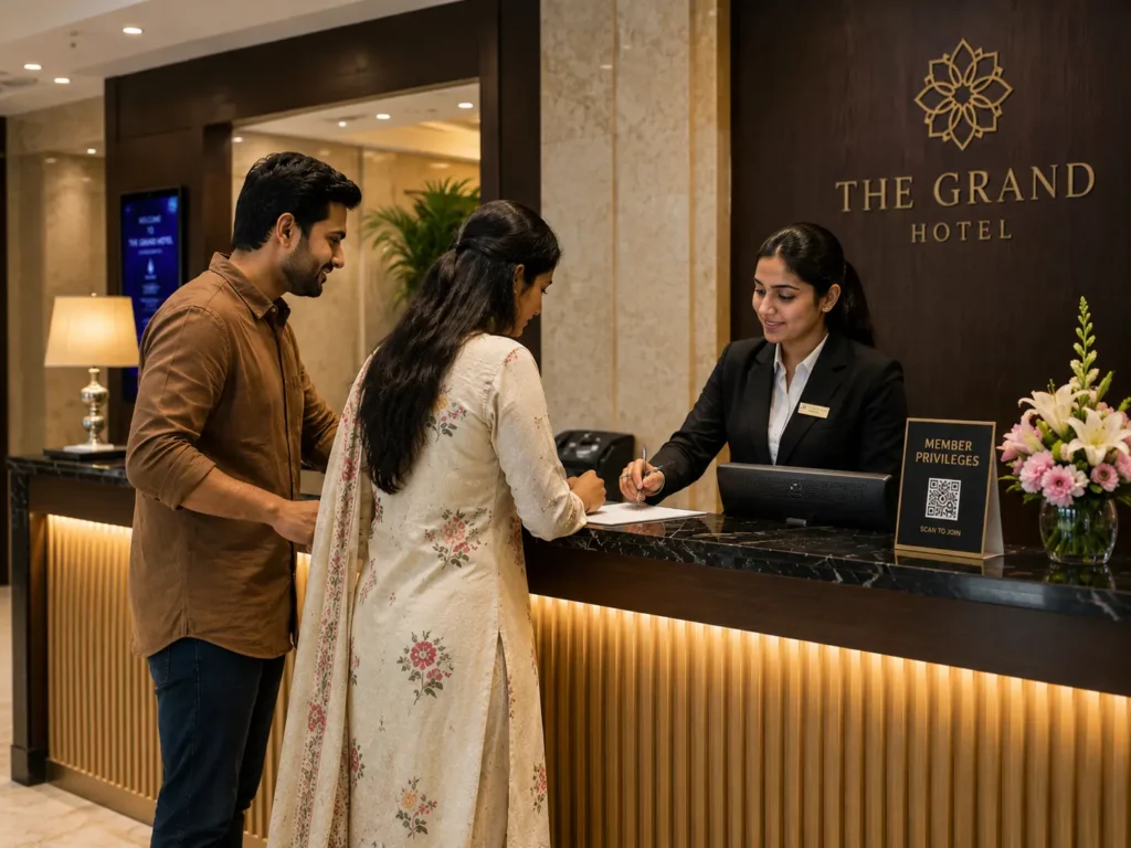 Couple checkin in at a hotel reception