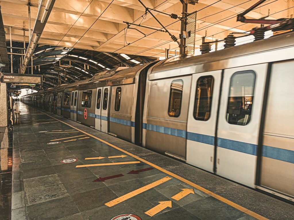 Delhi Metro arriving at Metro Station
