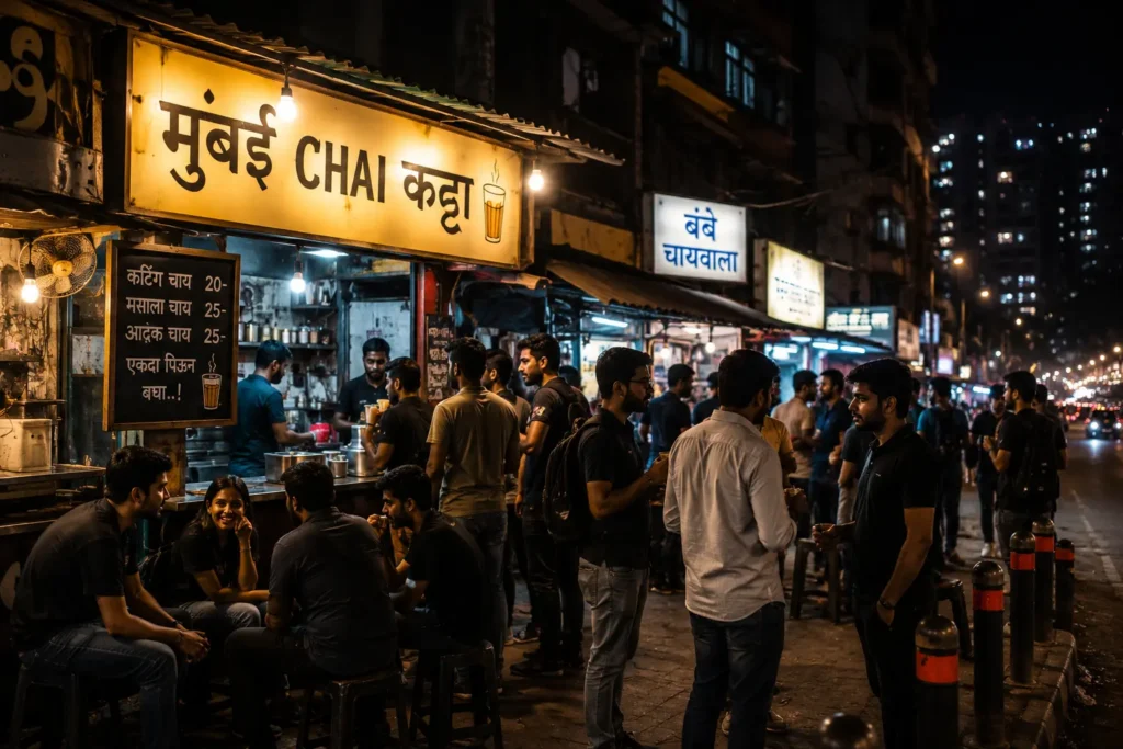 people standing outside tea stalls in mumbai at night