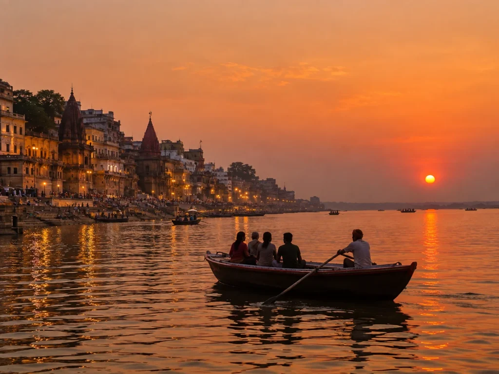 People boating in the Ganga River in Varanasi at night nearby Ghats