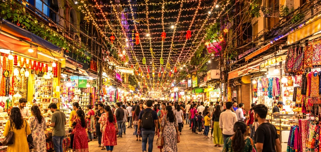Chandni Chowk at night during diwali in delhi