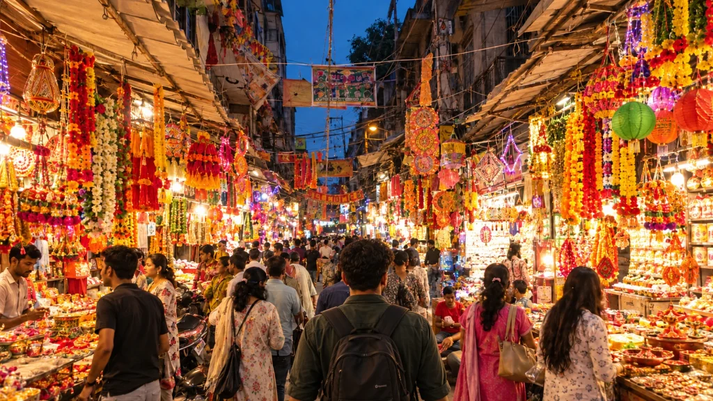 Sadar Bazar Market in Delhi during diwali - people shopping decorative items, jewellery and garlands. 